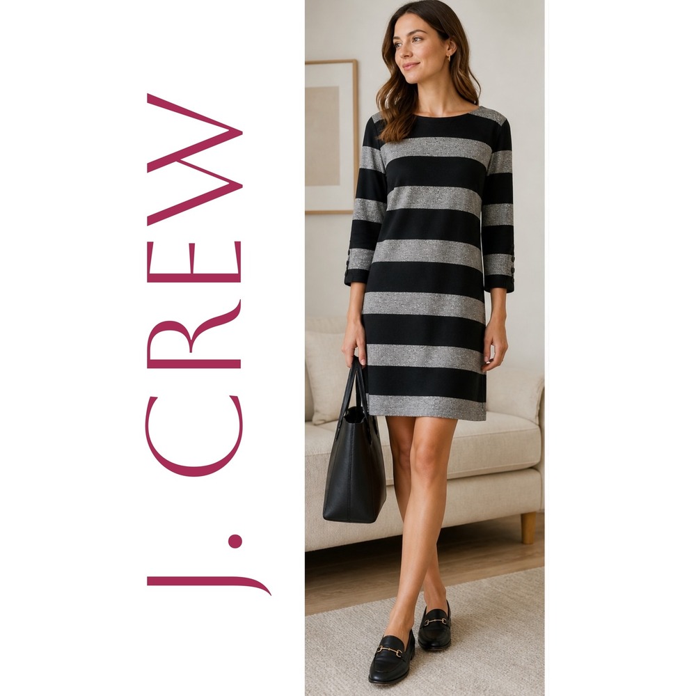 J. Crew Black Gray Striped Cotton‎ Shift Dress Size Small 3/4 Sleeve Boat Neck